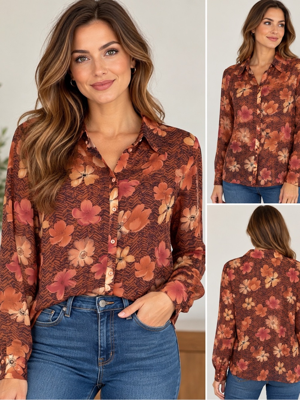 Fred David Rust Floral Button-Down Shirt Size M Fall Boho Retro